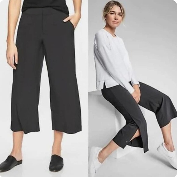 Athleta Black Flowy Wide Leg Hidden Snap Hem Pull On Pants Side Zip Womens 14 - Picture 1 of 9